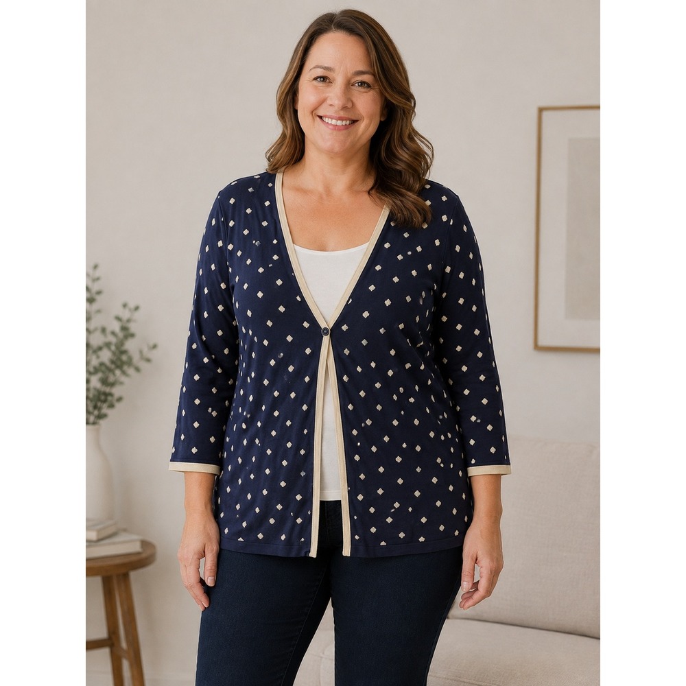 Coldwater Creek Sweater Women's Large Polka Dot Knit V-Neck Cardigan Navy Blue